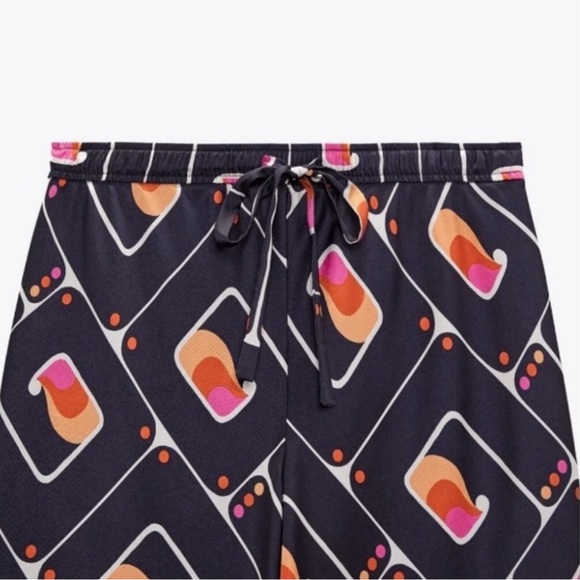 ZARA Geometric Abstract High Waisted Elastic Wide Legged Blue Pants Size M NEW - Picture 2 of 8